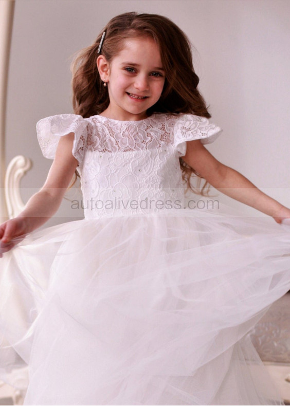 Cap Sleeve Ivory Lace Tulle Tea Length Flower Girl Dress